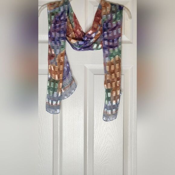 Unbranded SparkleAccent Sheer SpringPastel Floral Clrful Checkered Scarf 58"×13" - Picture 1 of 8